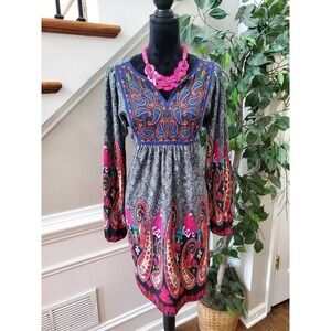 White Mark Women Multicolor Polyester V-Neck Long Sleeve Knee Length Dress Small